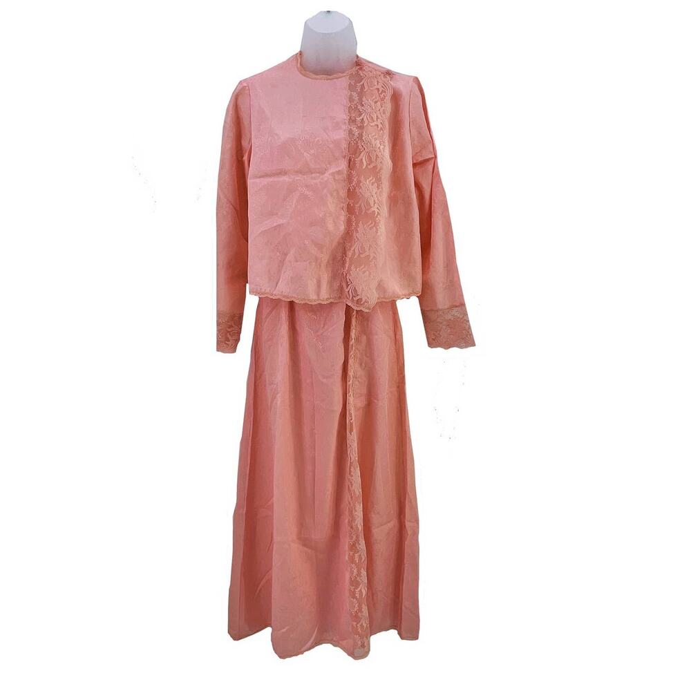 Vintage Cira Long Peach Lace Slip Lingerie Sweep Nightgown w/ Cover Jacket 70s